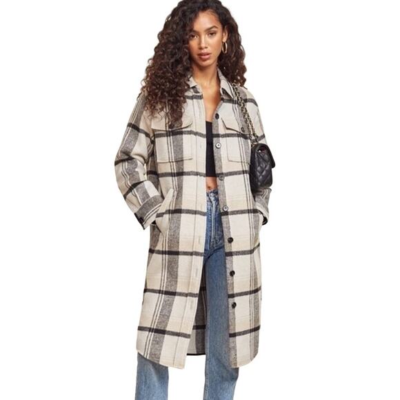 Reformation Ainslie Jacket Black Grey Stripe Plaid Wool Blend Long XL NWT - Picture 9 of 9